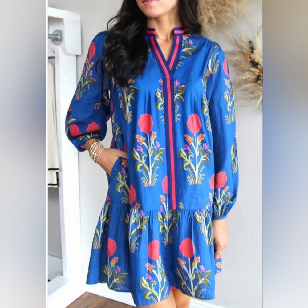 Blue Floral Tiered Mini Dress with Pink Stripe Accents